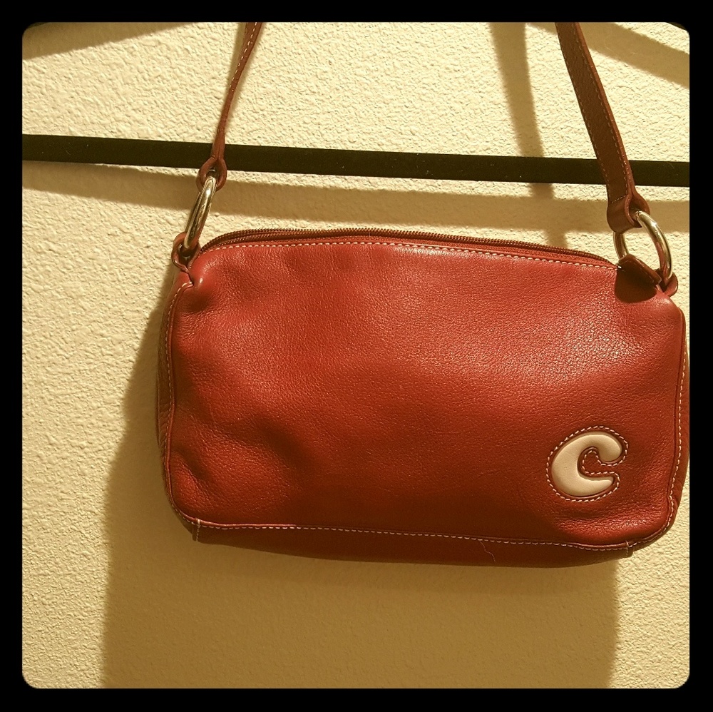Red, leather, purse, monogrammed "c"